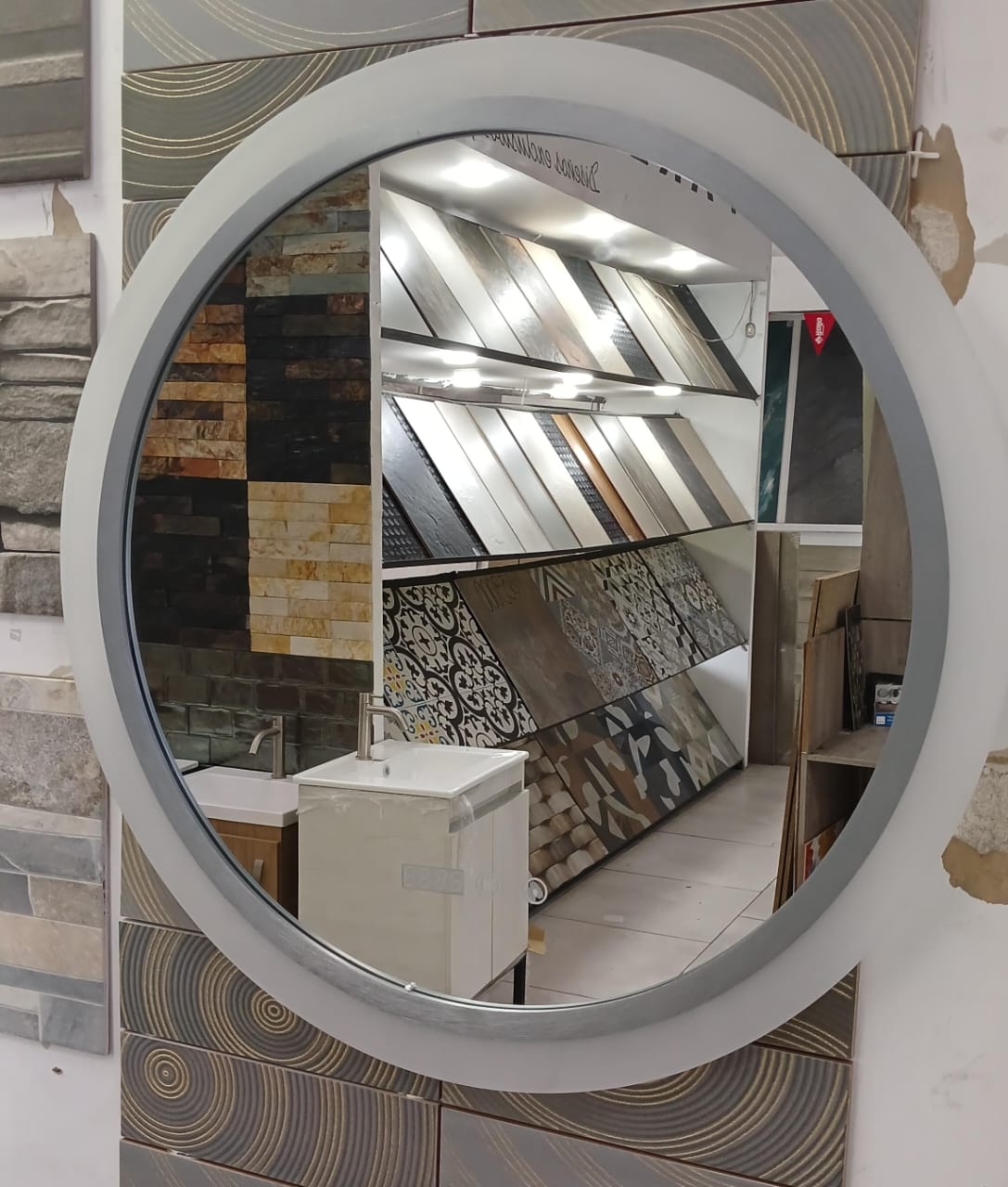 ESPEJO REDONDO LED 80CM MARCO GRIS BLANCO